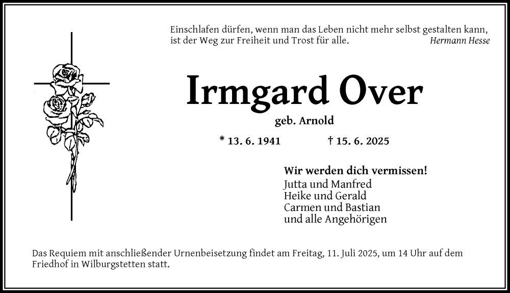  Traueranzeige für Irmgard Over vom 08.07.2025 aus Dinkelsbühl/ Feuchtwangen