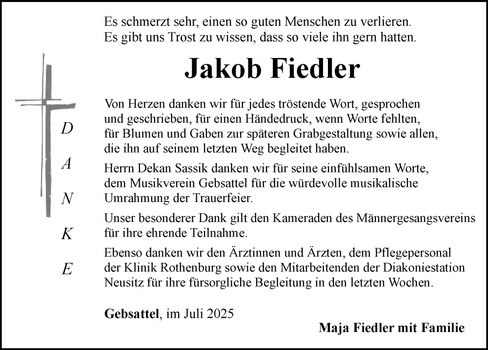  Traueranzeige für Jakob Fiedler vom 26.07.2025 aus Rothenburg
