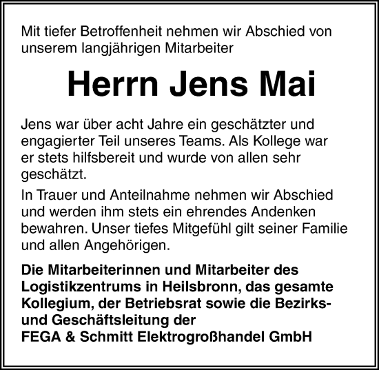 Traueranzeige von Jens Mai von Ansbach