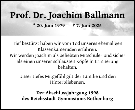 Traueranzeige von Joachim Ballmann von Rothenburg