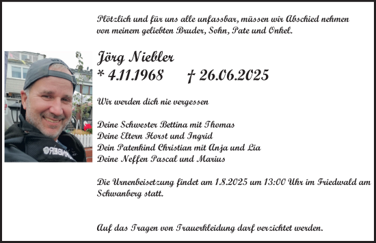 Traueranzeige von Jörg Niebler von Neustadt/ Scheinfeld/ Uffenheim