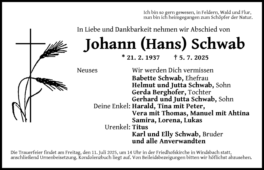  Traueranzeige für Johann Schwab vom 09.07.2025 aus Ansbach
