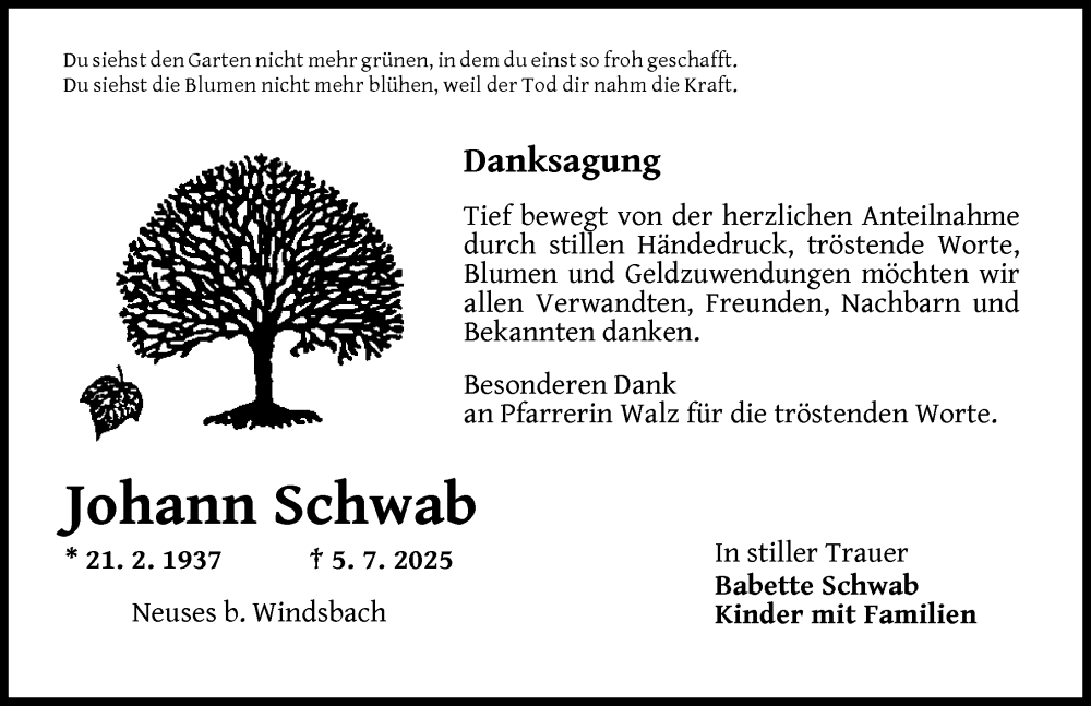  Traueranzeige für Johann Schwab vom 19.07.2025 aus Ansbach