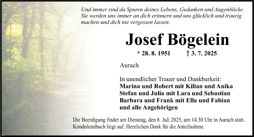  Traueranzeige für Josef Bögelein vom 07.07.2025 aus Ansbach