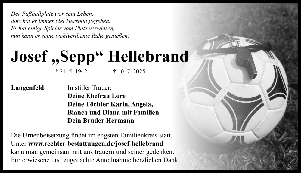  Traueranzeige für Josef Hellebrand vom 19.07.2025 aus Neustadt/ Scheinfeld/ Uffenheim