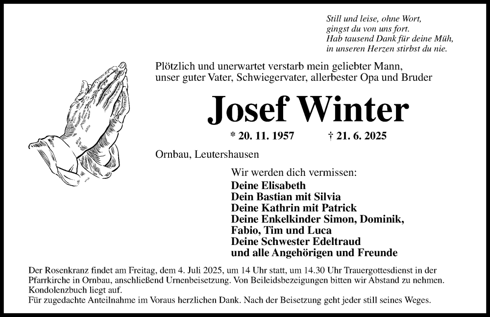  Traueranzeige für Josef Winter vom 01.07.2025 aus Ansbach
