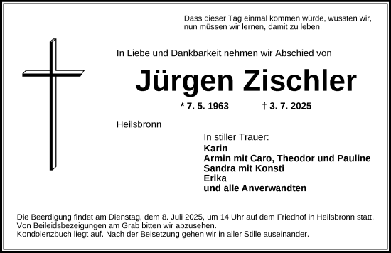 Traueranzeige von Jürgen Zischler von Ansbach