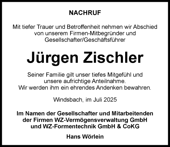 Traueranzeige von Jürgen Zischler von Ansbach