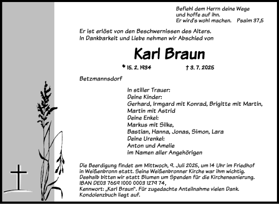 Traueranzeige von Karl Braun von Ansbach