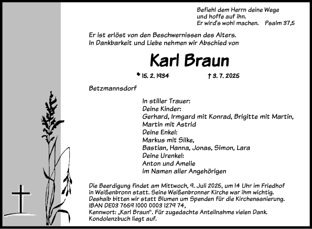  Traueranzeige für Karl Braun vom 05.07.2025 aus Ansbach
