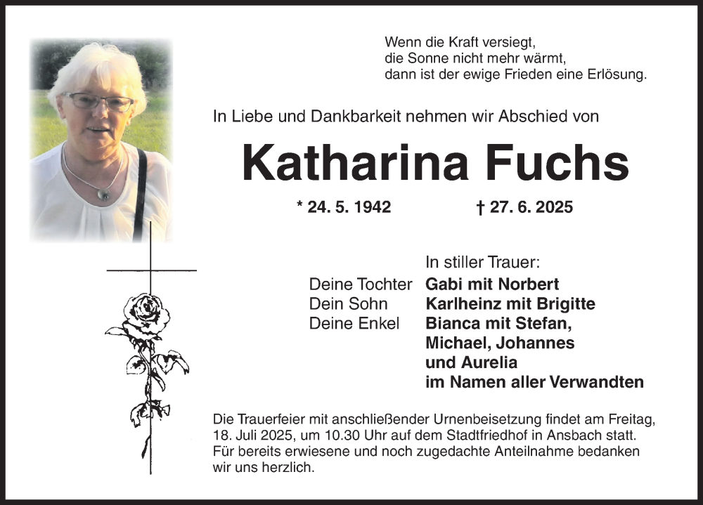  Traueranzeige für Katharina Fuchs vom 16.07.2025 aus Ansbach