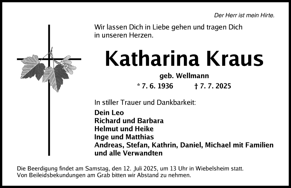  Traueranzeige für Katharina Kraus vom 10.07.2025 aus Neustadt/ Scheinfeld/ Uffenheim