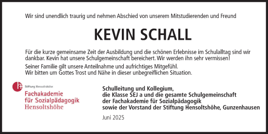 Traueranzeige von Kevin Schall von Dinkelsbühl/ Feuchtwangen