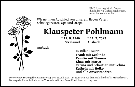 Traueranzeige von Klauspeter Pohlmann von Ansbach