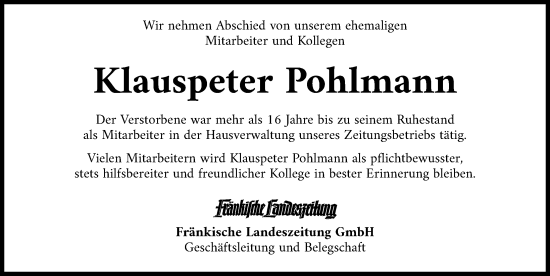 Traueranzeige von Klauspeter Pohlmann von Ansbach