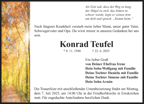 Traueranzeige von Konrad Teufel von Neustadt/ Scheinfeld/ Uffenheim