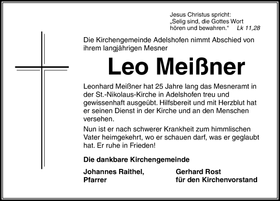 Traueranzeige von Leo Meißner von Rothenburg
