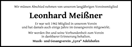 Traueranzeige von Leonhard Meißner von Rothenburg