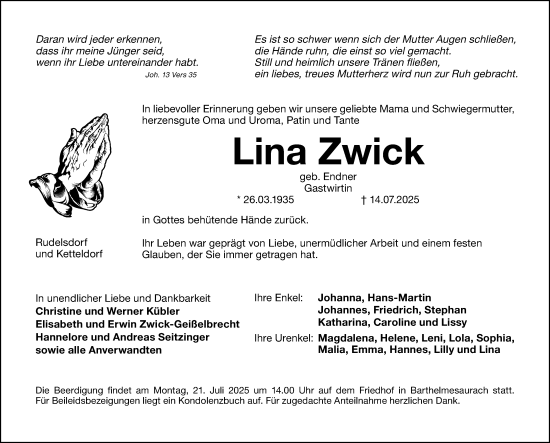 Traueranzeige von Lina Zwick von Ansbach