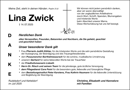 Traueranzeige von Lina Zwick von Ansbach