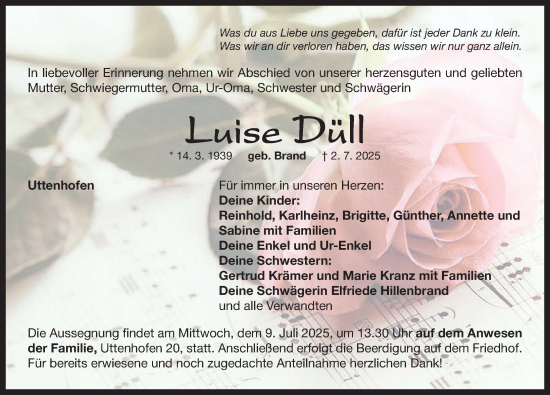 Traueranzeige von Luise Düll von Neustadt/ Scheinfeld/ Uffenheim