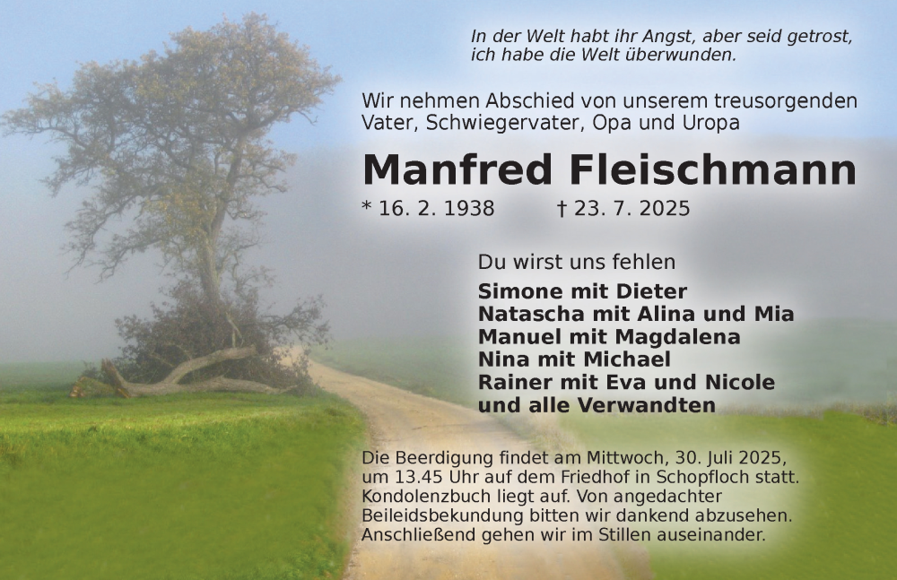  Traueranzeige für Manfred Fleischmann vom 26.07.2025 aus Dinkelsbühl/ Feuchtwangen