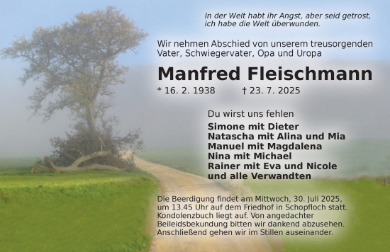 Traueranzeige von Manfred Fleischmann von Dinkelsbühl/ Feuchtwangen