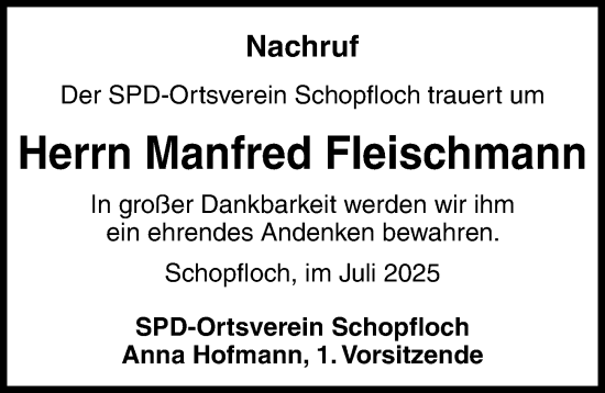 Traueranzeige von Manfred Fleischmann von Dinkelsbühl/ Feuchtwangen