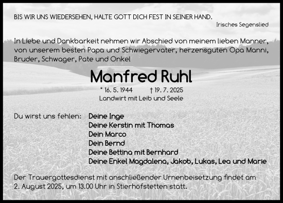 Traueranzeige von Manfred Ruhl von Neustadt/ Scheinfeld/ Uffenheim