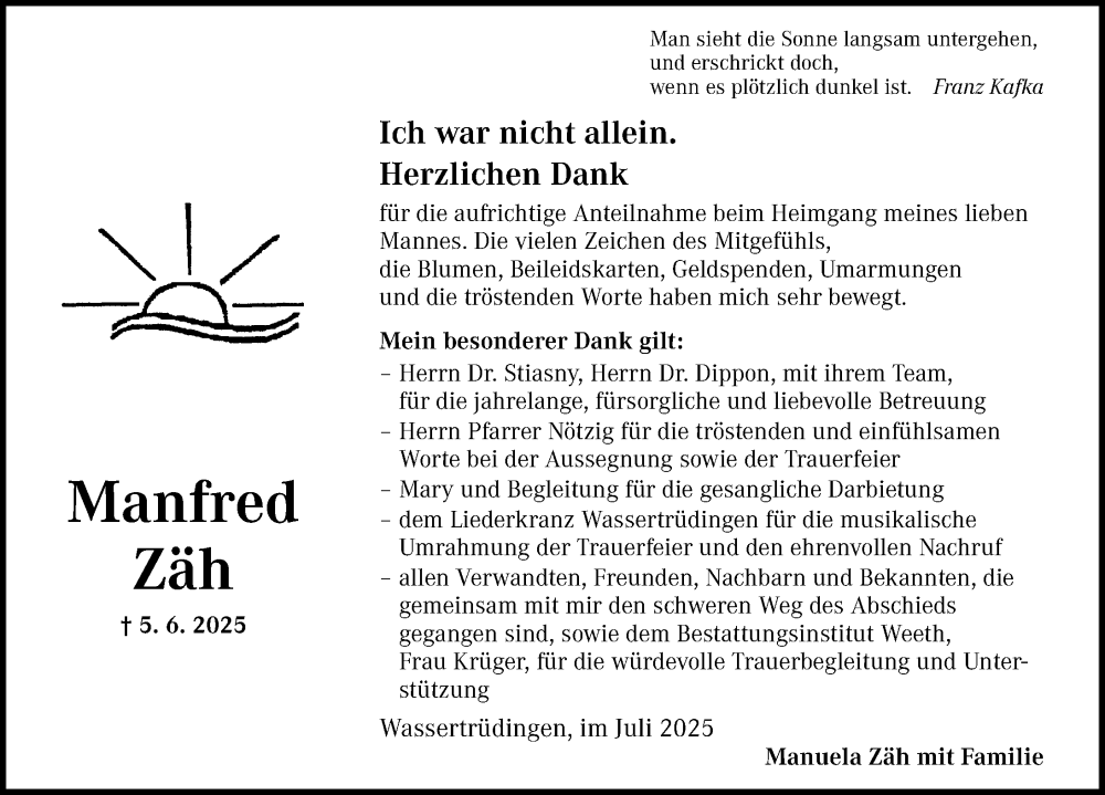  Traueranzeige für Manfred Zäh vom 05.07.2025 aus Dinkelsbühl/ Feuchtwangen