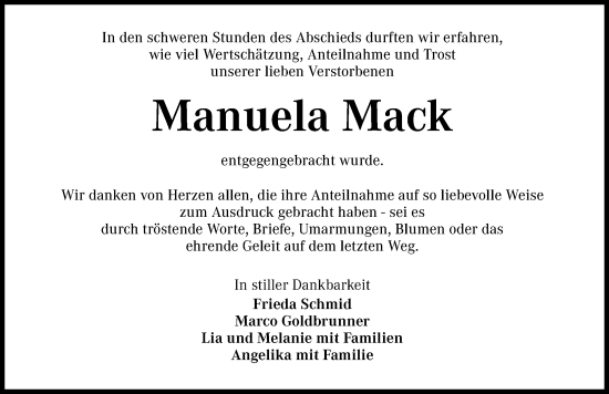 Traueranzeige von Manuela Mack von Ansbach