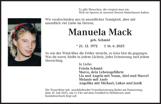 Traueranzeige von Manuela Mack von Ansbach