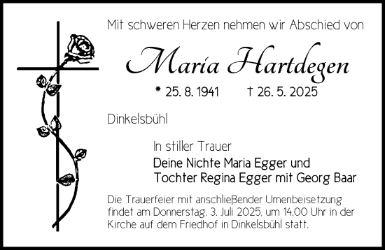 Traueranzeige von Maria Hartdegen von Dinkelsbühl/ Feuchtwangen