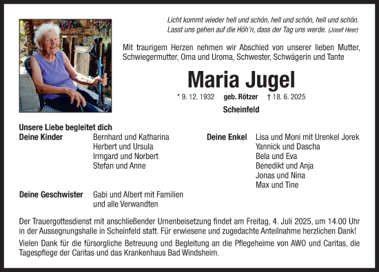 Traueranzeige von Maria Jugel von Neustadt/ Scheinfeld/ Uffenheim