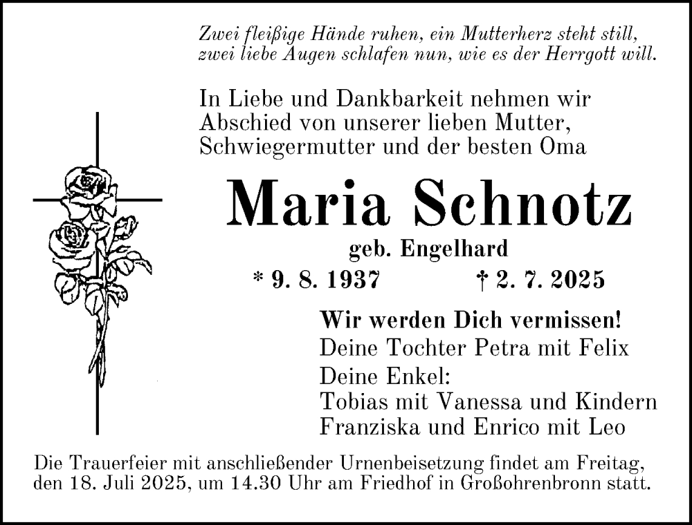  Traueranzeige für Maria Schnotz vom 15.07.2025 aus Dinkelsbühl/ Feuchtwangen
