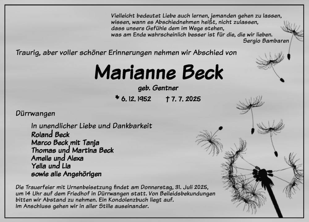  Traueranzeige für Marianne Beck vom 28.07.2025 aus Dinkelsbühl/ Feuchtwangen
