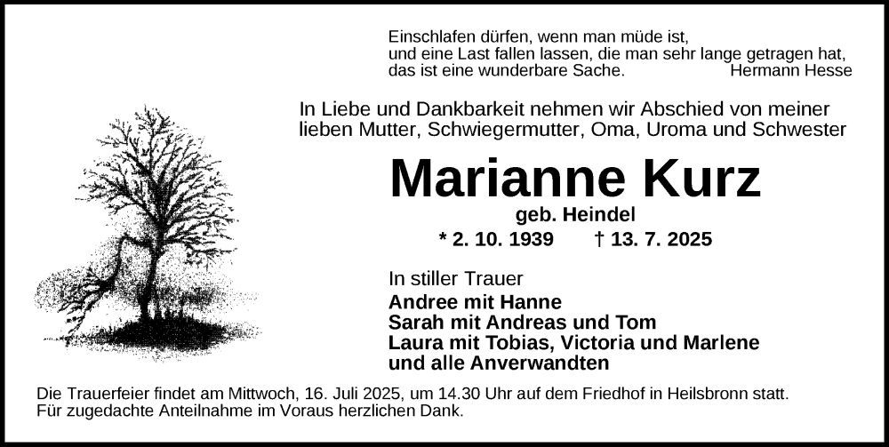  Traueranzeige für Marianne Kurz vom 15.07.2025 aus Ansbach