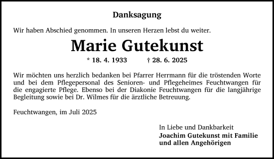 Traueranzeige von Marie Gutekunst von Dinkelsbühl/ Feuchtwangen