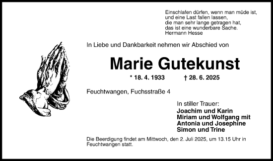 Traueranzeige von Marie Gutekunst von Dinkelsbühl/ Feuchtwangen