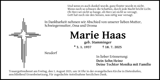 Traueranzeige von Marie Haas von Ansbach