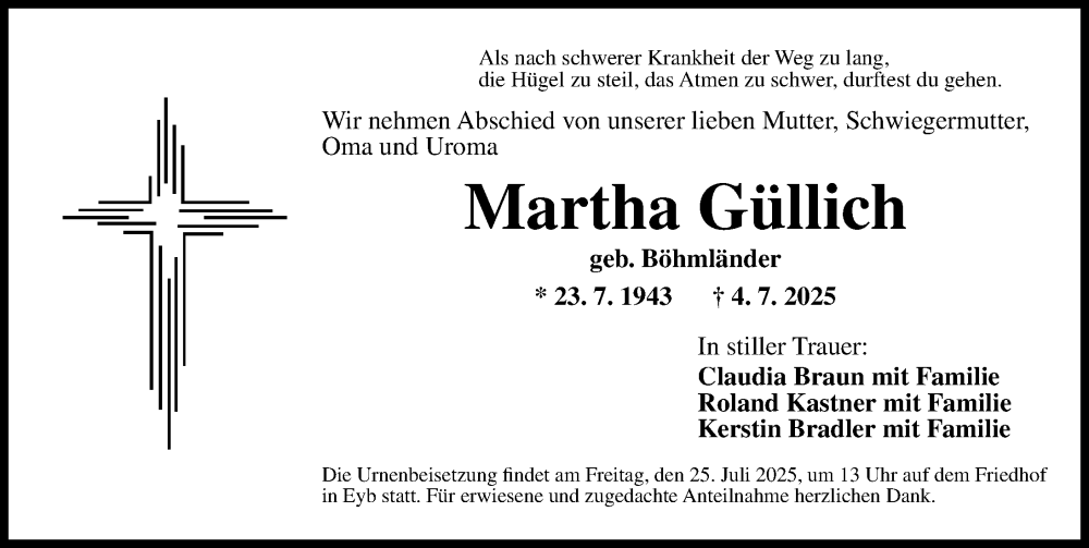  Traueranzeige für Martha Güllich vom 19.07.2025 aus Ansbach