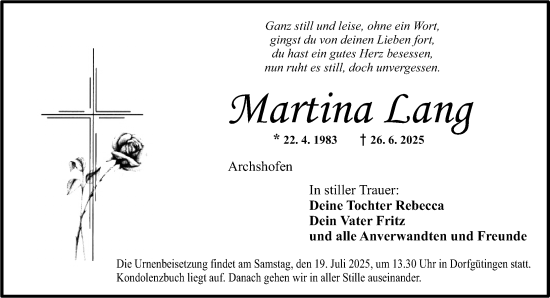 Traueranzeige von Martina Lang von Dinkelsbühl/ Feuchtwangen