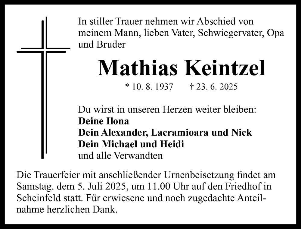  Traueranzeige für Mathias Keintzel vom 03.07.2025 aus Neustadt/ Scheinfeld/ Uffenheim