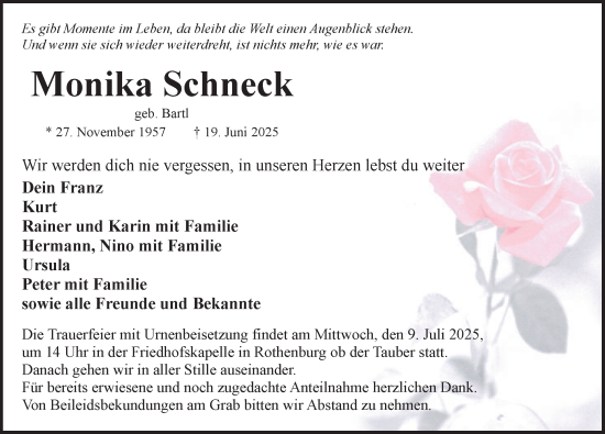 Traueranzeige von Monika Schneck von Rothenburg