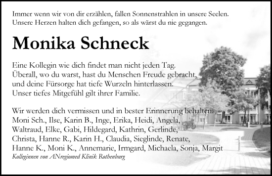 Traueranzeige von Monika Schneck von Rothenburg
