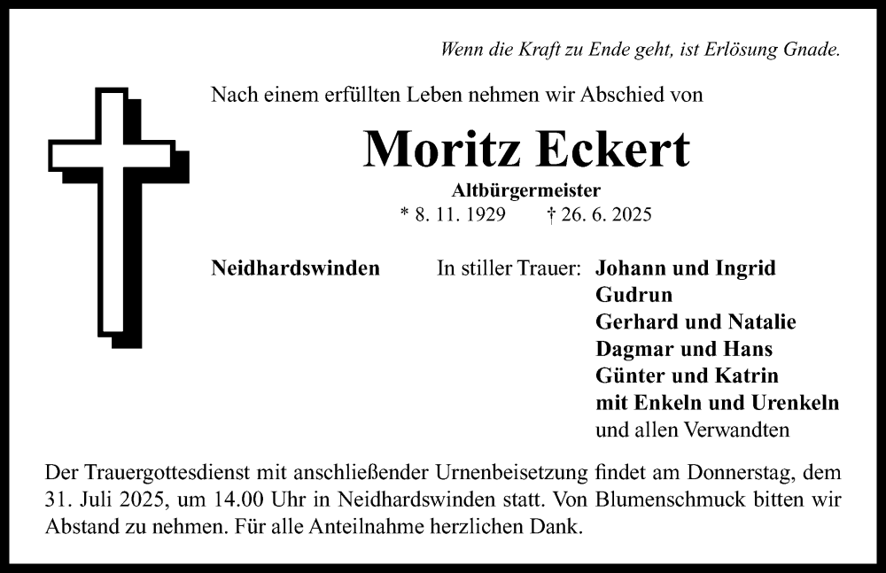  Traueranzeige für Moritz Eckert vom 26.07.2025 aus Neustadt/ Scheinfeld/ Uffenheim