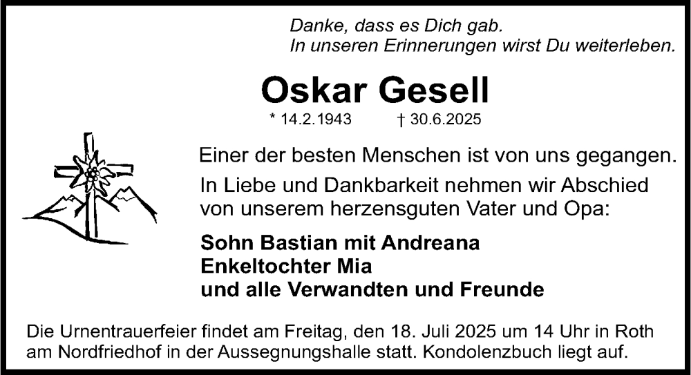  Traueranzeige für Oskar Gesell vom 12.07.2025 aus Ansbach