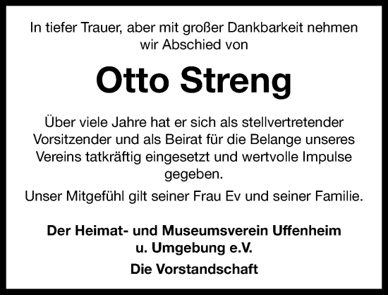 Traueranzeige von Otto Streng von Neustadt/ Scheinfeld/ Uffenheim