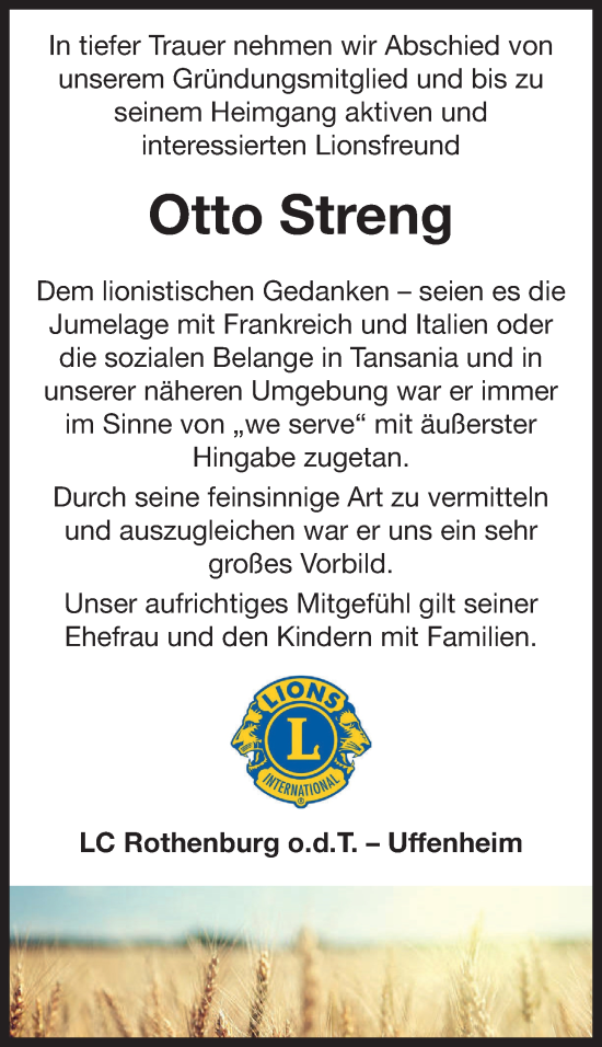 Traueranzeige von Otto Streng von Neustadt/ Scheinfeld/ Uffenheim
