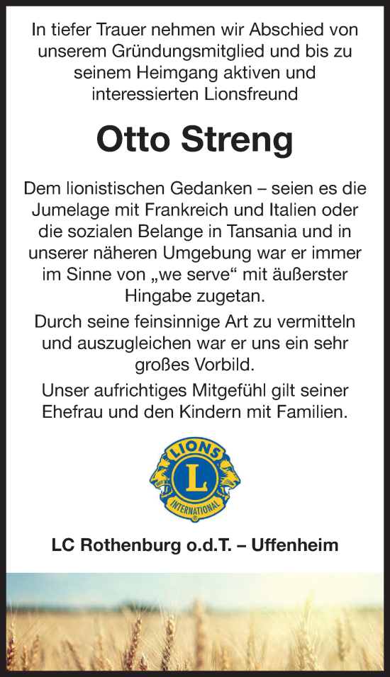 Traueranzeige von Otto Streng von Rothenburg